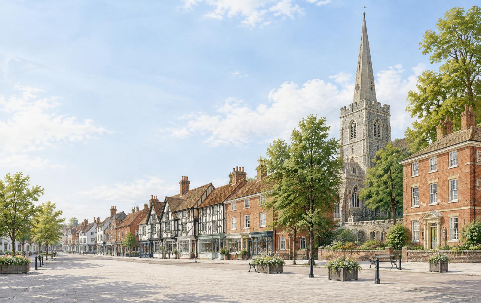 Illustration of Stowmarket town centre with independent shopfronts, the Market Place, Abbot's Hall and the Church of St Peter and St Mary